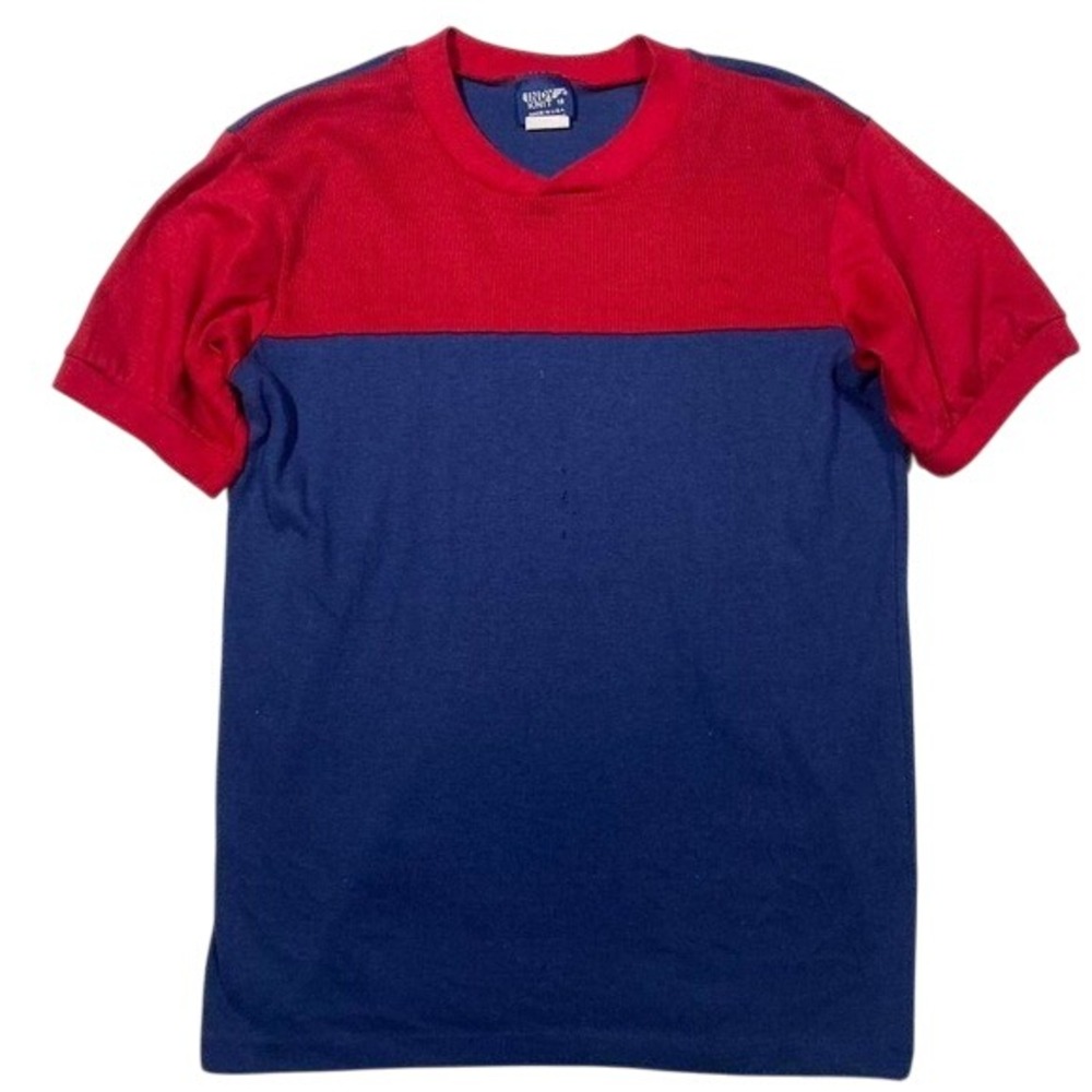Vintage Colorblock Shirt Red Navy Blue Short Sleeve 70s‎ 80s Retro *READ